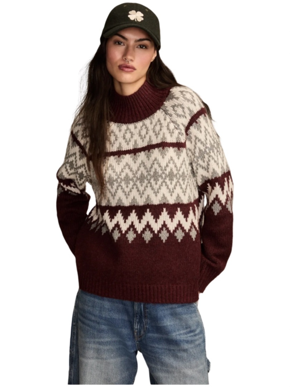 Lucky Brand Maroon & Cream Fair Isle Turtleneck Sweater